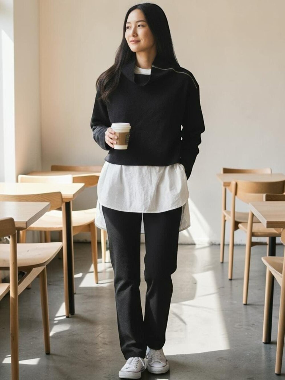 Mello Day Womens Large Black White Long Sleeve Turtleneck Layered Zipper Top L